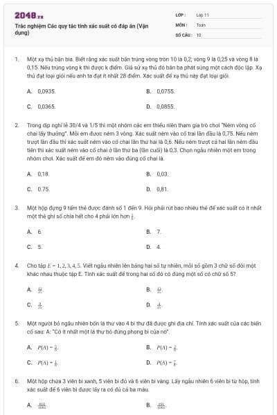 Trắc nghiệm Các quy tắc tính xác suất có đáp án (Vận dụng)