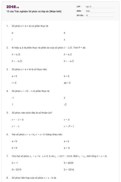 15 câu Trắc nghiệm Số phức có đáp án (Nhận biết)