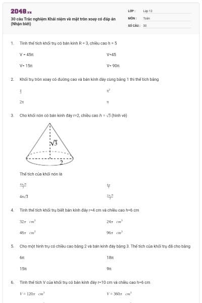 30 câu Trắc nghiệm Khái niệm về mặt tròn xoay có đáp án (Nhận biết)