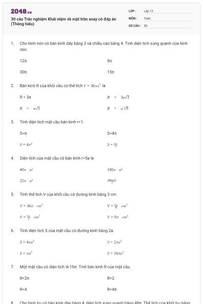 30 câu Trắc nghiệm Khái niệm về mặt tròn xoay có đáp án (Thông hiểu)