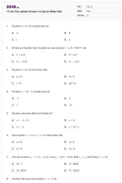 15 câu Trắc nghiệm Số phức có đáp án (Nhận biết)