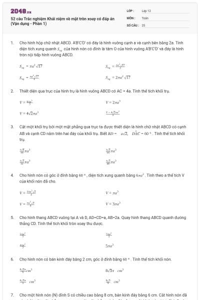 52 câu Trắc nghiệm Khái niệm về mặt tròn xoay có đáp án (Vận dụng - Phần 1)