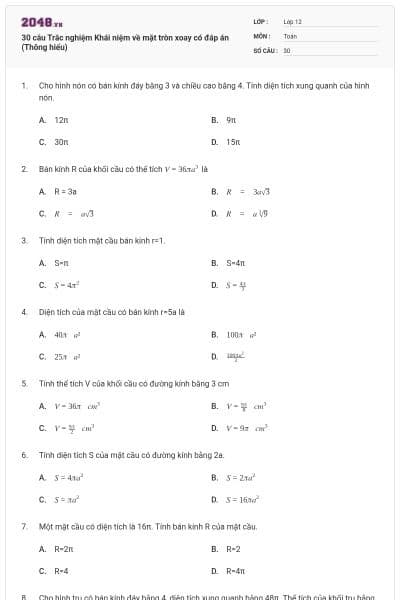 30 câu Trắc nghiệm Khái niệm về mặt tròn xoay có đáp án (Thông hiểu)