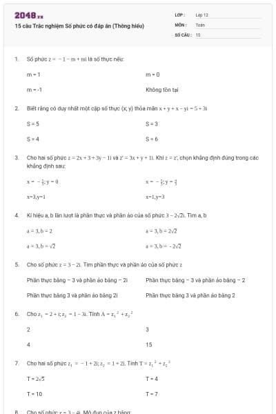 15 câu Trắc nghiệm Số phức có đáp án (Thông hiểu)