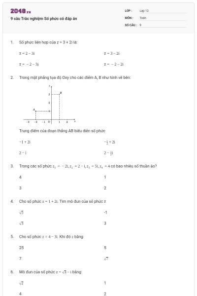 9 câu Trắc nghiệm Số phức có đáp án