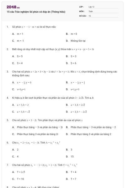 15 câu Trắc nghiệm Số phức có đáp án (Thông hiểu)