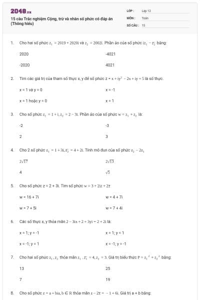 15 câu Trắc nghiệm Cộng, trừ và nhân số phức có đáp án (Thông hiểu)