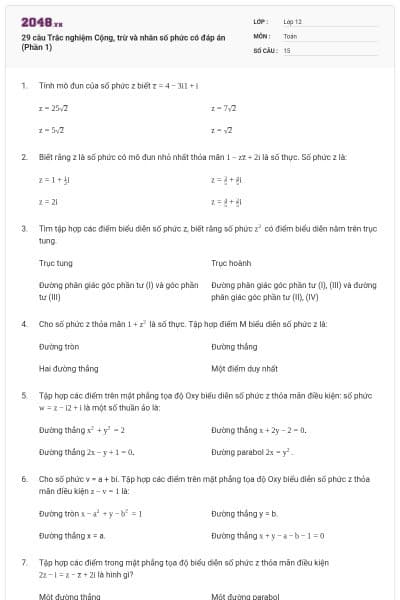 29 câu Trắc nghiệm Cộng, trừ và nhân số phức có đáp án (Phần 1)