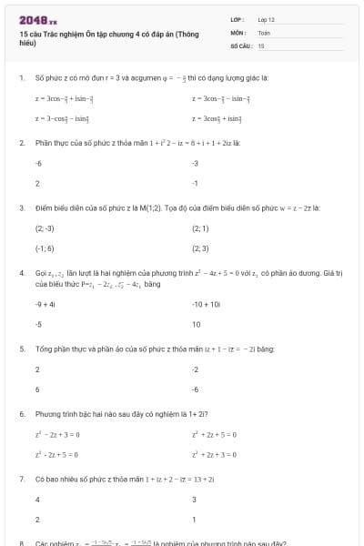 15 câu Trắc nghiệm Ôn tập chương 4 có đáp án (Thông hiểu)
