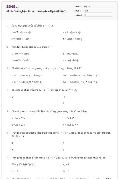 41 câu Trắc nghiệm Ôn tập chương 4 có đáp án (Phần 1)