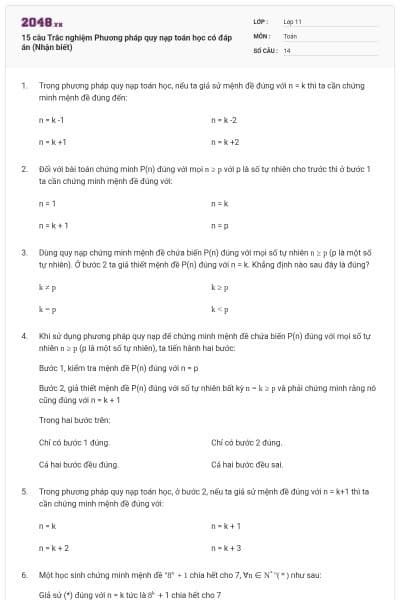15 câu  Trắc nghiệm Phương pháp quy nạp toán học có đáp án (Nhận biết)