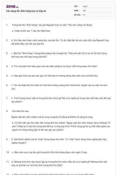 Các dạng đề: Ánh trăng hay có đáp án