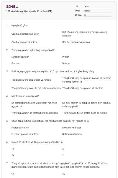 100 câu trắc nghiệm nguyên tử cơ bản (P1)