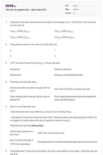 150 câu trắc nghiệm Este - Lipit cơ bản (P3)