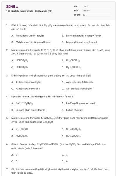 150 câu trắc nghiệm Este - Lipit cơ bản (P2)