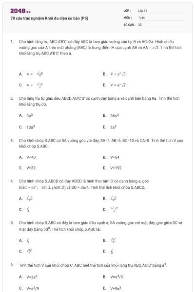 70 câu trắc nghiệm Khối đa diện cơ bản (P5)