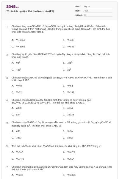 70 câu trắc nghiệm Khối đa diện cơ bản (P5)