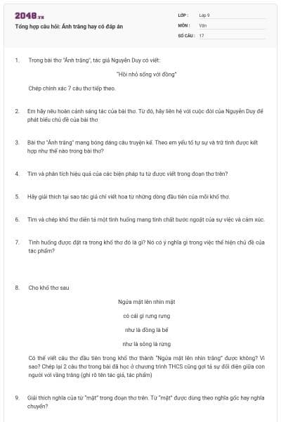 Tổng hợp câu hỏi: Ánh trăng hay có đáp án