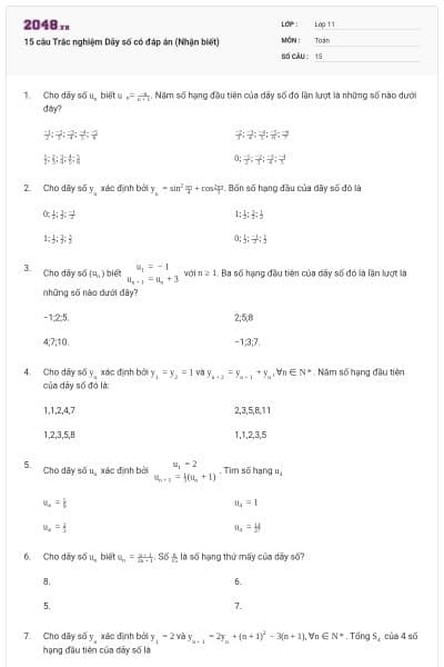 15 câu  Trắc nghiệm Dãy số có đáp án (Nhận biết)
