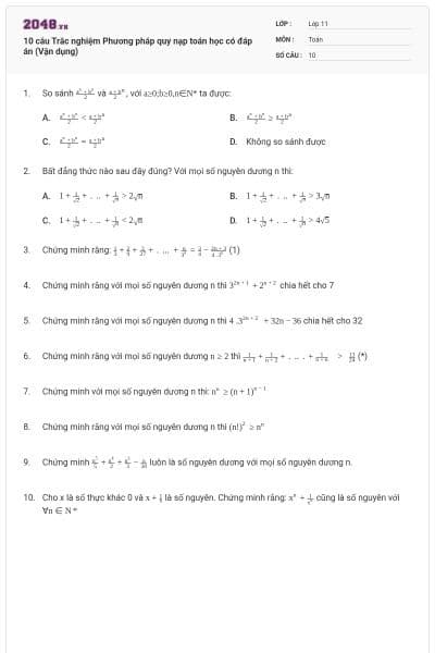10 câu Trắc nghiệm Phương pháp quy nạp toán học có đáp án (Vận dụng)