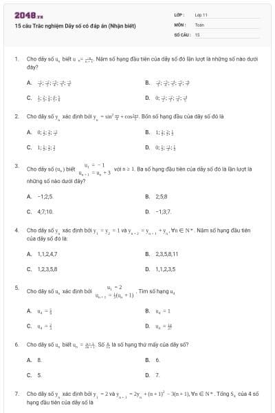 15 câu  Trắc nghiệm Dãy số có đáp án (Nhận biết)