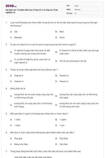 Đề kiểm tra 15 phút Sinh học 8 Học kì 2 có đáp án (Trắc nghiệm 2)