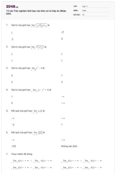 15 câu Trắc nghiệm Giới hạn của hàm số có đáp án (Nhận biết)