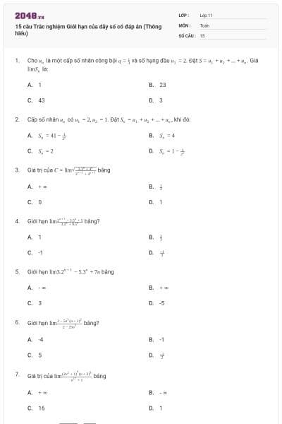 15 câu Trắc nghiệm Giới hạn của dãy số có đáp án (Thông hiểu)