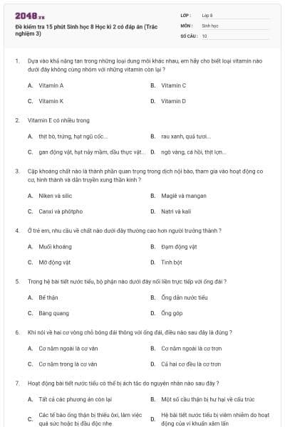 Đề kiểm tra 15 phút Sinh học 8 Học kì 2 có đáp án (Trắc nghiệm 3)