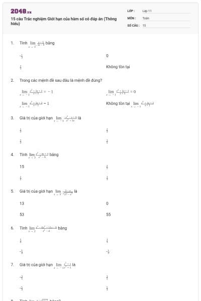 15 câu Trắc nghiệm Giới hạn của hàm số có đáp án (Thông hiểu)