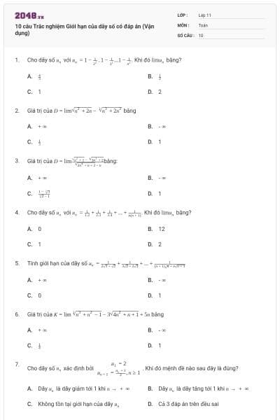 10 câu Trắc nghiệm Giới hạn của dãy số có đáp án (Vận dụng)