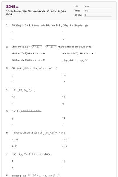 10  câu Trắc nghiệm Giới hạn của hàm số có đáp án (Vận dụng)