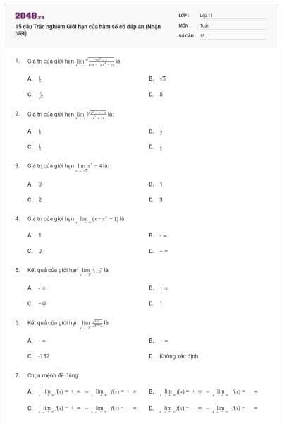 15 câu Trắc nghiệm Giới hạn của hàm số có đáp án (Nhận biết)