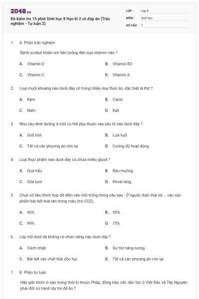 Đề kiểm tra 15 phút Sinh học 8 Học kì 2 có đáp án (Trắc nghiệm - Tự luận 2)