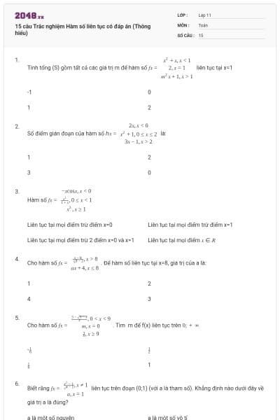 15 câu Trắc nghiệm Hàm số liên tục có đáp án (Thông hiểu)