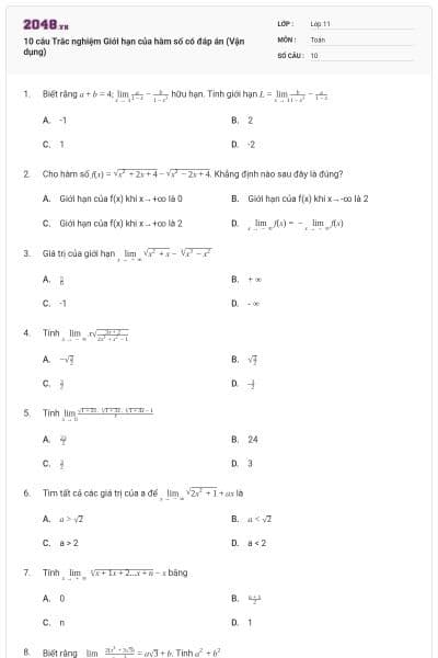 10  câu Trắc nghiệm Giới hạn của hàm số có đáp án (Vận dụng)