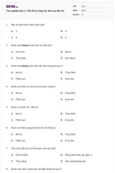 Trắc nghiệm Địa Lí 7 Bài 56 (có đáp án): Khu vực Bắc Âu