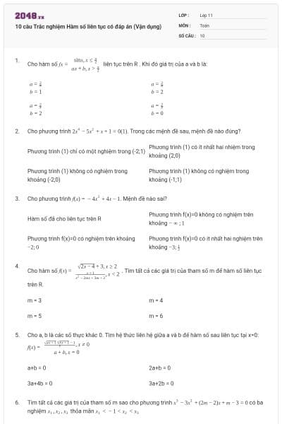 10 câu Trắc nghiệm Hàm số liên tục có đáp án (Vận dụng)
