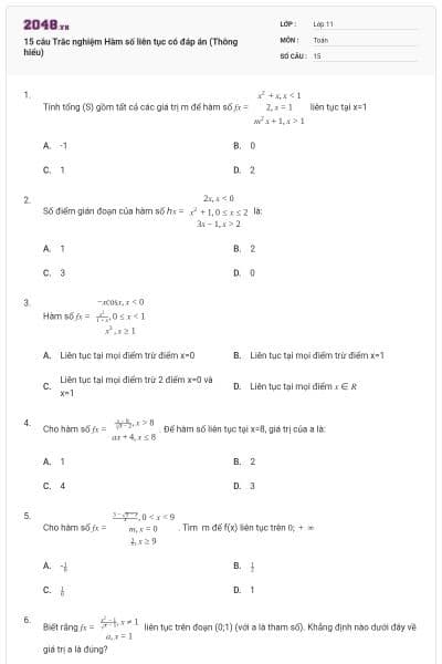 15 câu Trắc nghiệm Hàm số liên tục có đáp án (Thông hiểu)