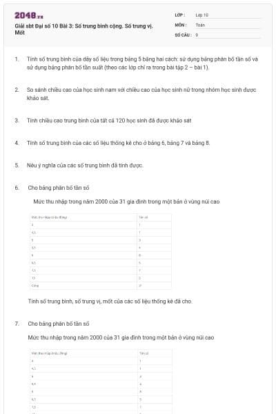 Giải sbt Đại số 10 Bài 3: Số trung bình cộng. Số trung vị. Mốt