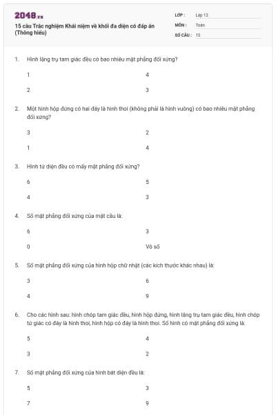 15 câu Trắc nghiệm Khái niệm về khối đa diện có đáp án (Thông hiểu)