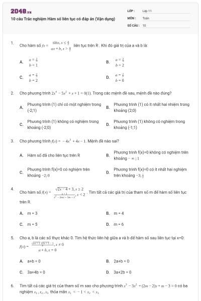 10 câu Trắc nghiệm Hàm số liên tục có đáp án (Vận dụng)