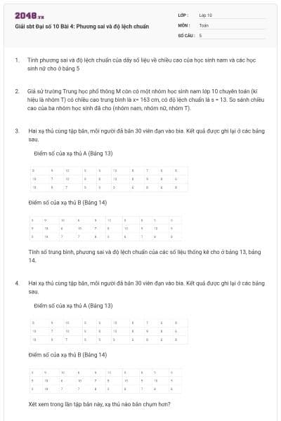 Giải sbt Đại số 10 Bài 4: Phương sai và độ lệch chuẩn