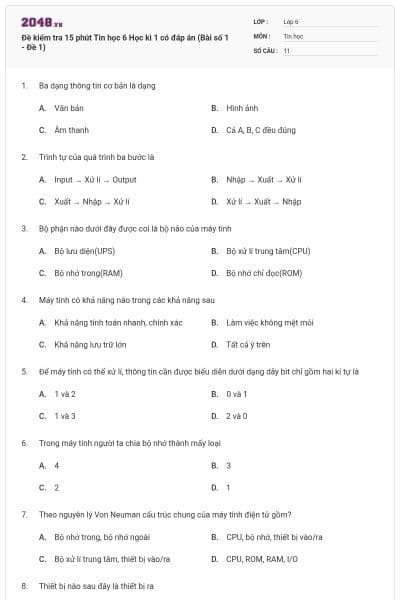 Đề kiểm tra 15 phút Tin học 6 Học kì 1 có đáp án (Bài số 1 - Đề 1)