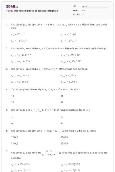15 câu  Trắc nghiệm Dãy số có đáp án (Thông hiểu)