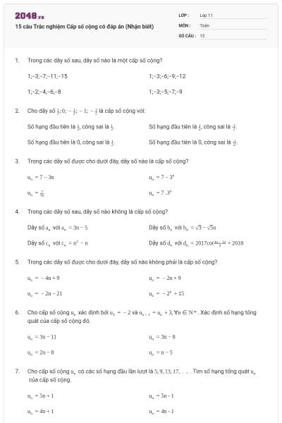 15 câu  Trắc nghiệm Cấp số cộng có đáp án (Nhận biết)