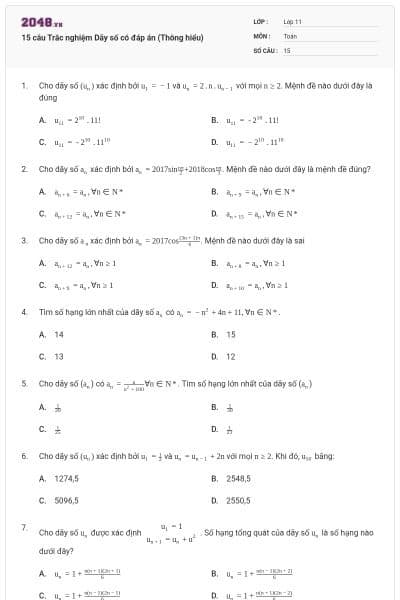 15 câu  Trắc nghiệm Dãy số có đáp án (Thông hiểu)