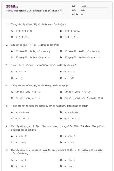 15 câu  Trắc nghiệm Cấp số cộng có đáp án (Nhận biết)