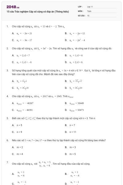 15 câu  Trắc nghiệm Cấp số cộng có đáp án (Thông hiểu)