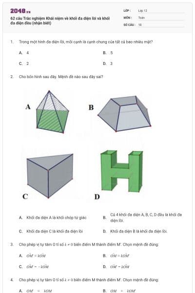 62 câu Trắc nghiệm Khái niệm về khối đa diện lồi và khối đa diện đều (nhận biết)